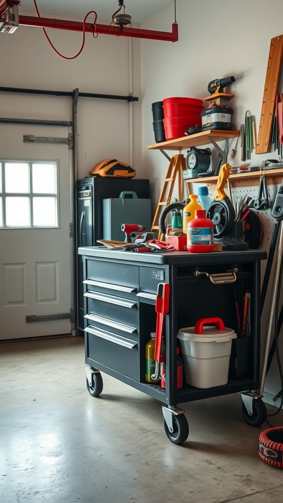 A mobile tool cart in a garage workshop, equipped with tools and storage options.