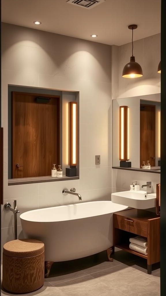 A modern bathroom featuring brown lighting fixtures, a freestanding tub, and wooden accents.