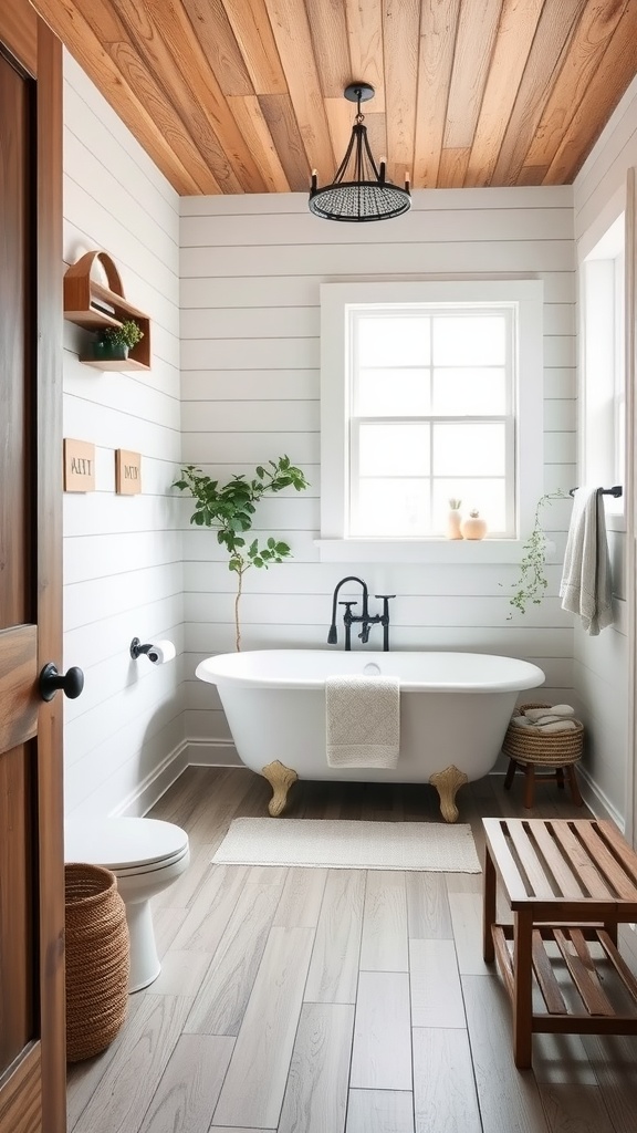 A modern farmhouse bathroom featuring a freestanding tub, shiplap walls, and wooden ceiling.