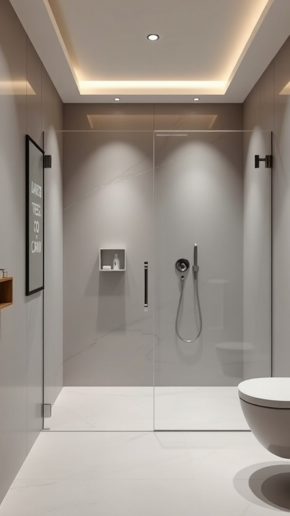 A modern minimalist bathroom featuring gray walls, a glass shower enclosure, and sleek fixtures.