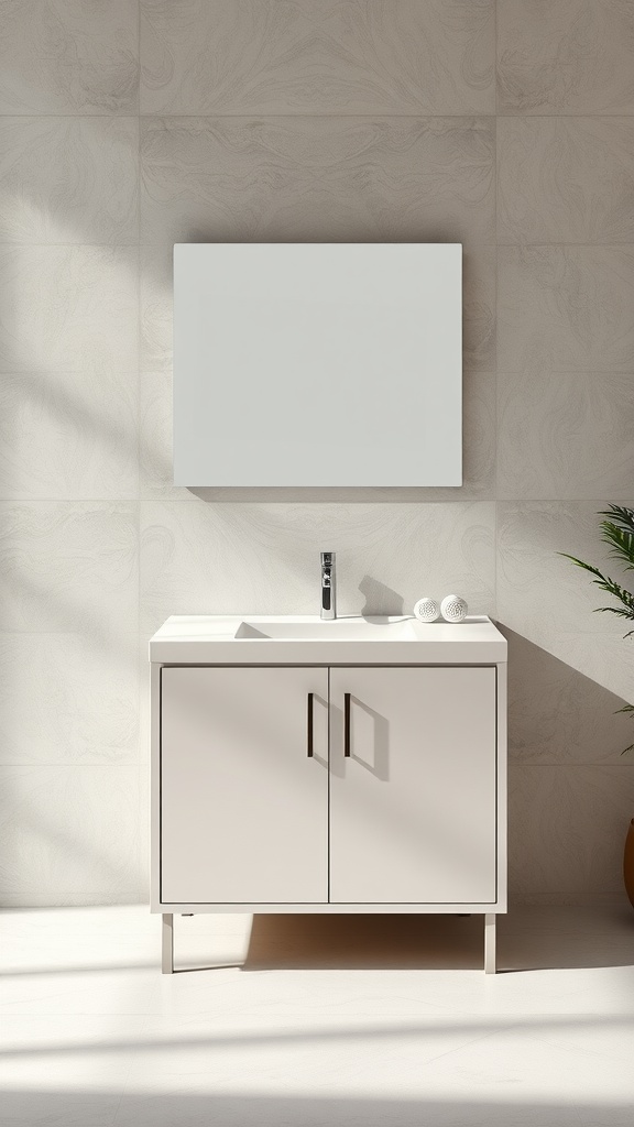 A modern single sink vanity in a minimalist bathroom setting.