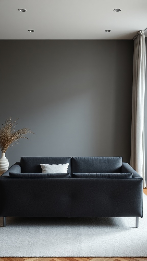 A modern minimalist living room featuring a dark gray couch against a gray wall, with a light rug and decorative vase.