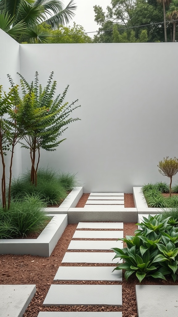 A modern minimalist garden featuring a clean stone pathway and lush greenery against a white backdrop.