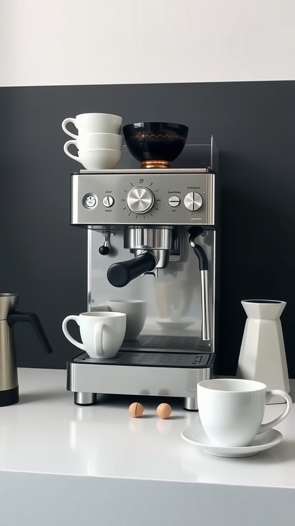 A modern minimalist coffee setup featuring a sleek espresso machine, stacked white cups, and a black bowl, emphasizing simplicity and functionality.