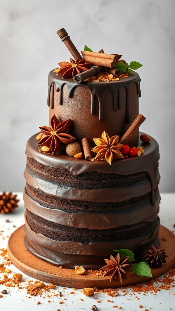 A beautifully decorated mole-inspired chocolate cake with dark frosting, topped with star anise and cinnamon sticks.