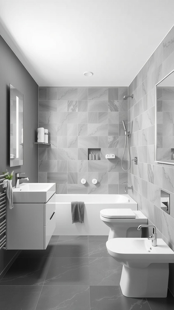 A modern grey and white bathroom with sleek fixtures and elegant tiles.