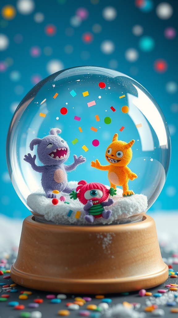 A colorful DIY snow globe featuring cute monsters celebrating inside a glass dome with confetti.