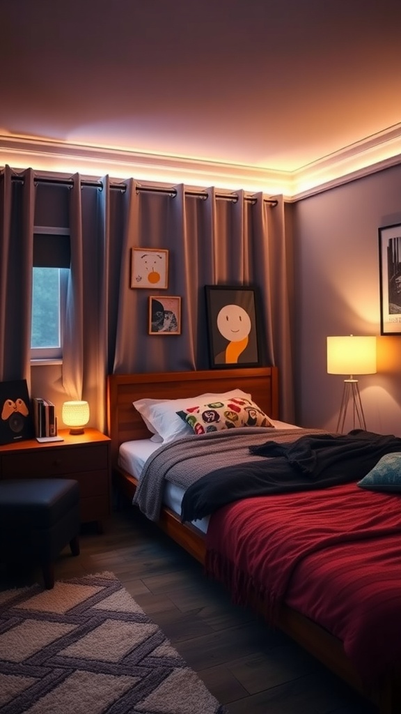 A modern teen boy bedroom showcasing mood lighting with LED lights, a stylish lamp, and cozy curtains.