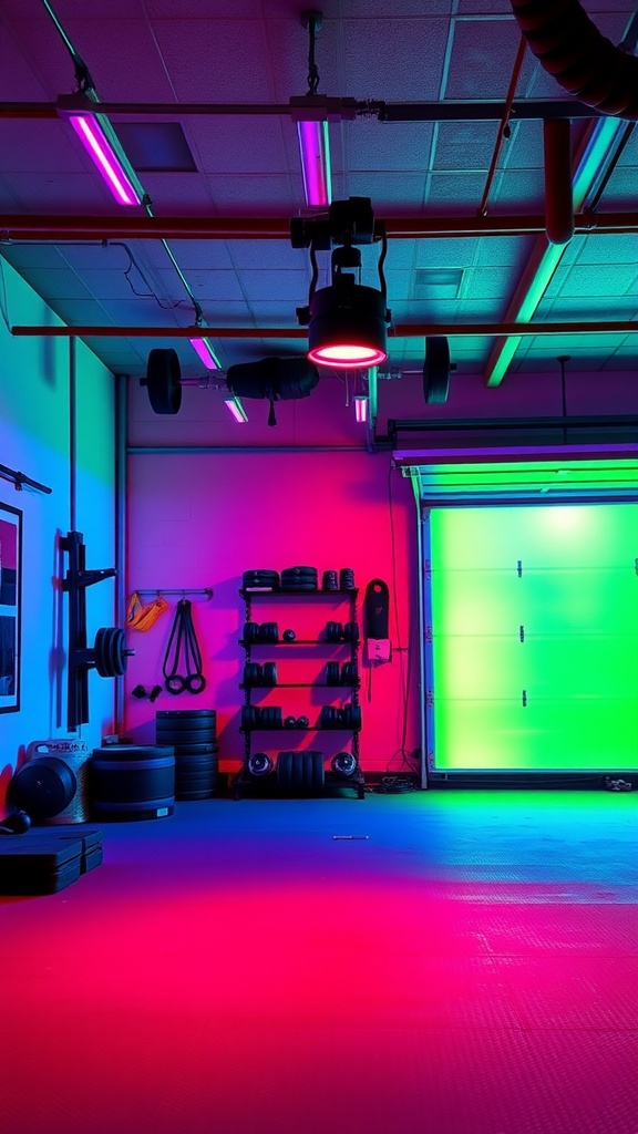 A colorful garage gym with vibrant mood lighting, featuring neon pink and green lights.