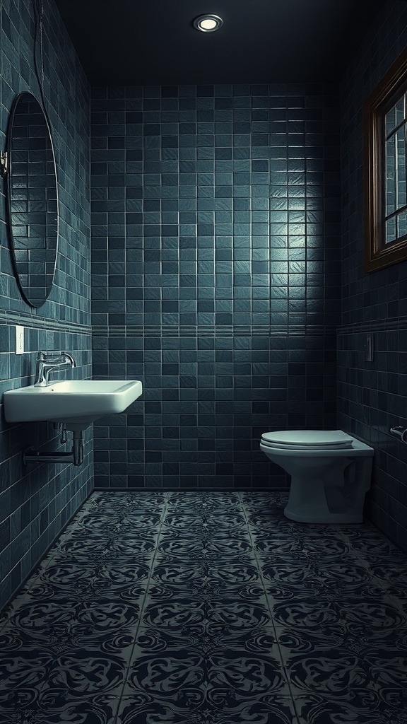 A modern bathroom with dark blue tiled walls and patterned floor tiles