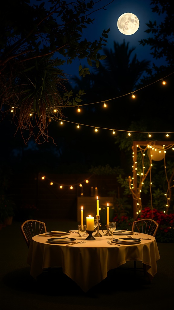 A beautifully set dinner table under a full moon, adorned with candles and string lights in a garden.