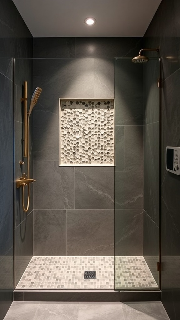 A modern walk-in shower featuring a mosaic tile feature wall with gold fixtures.