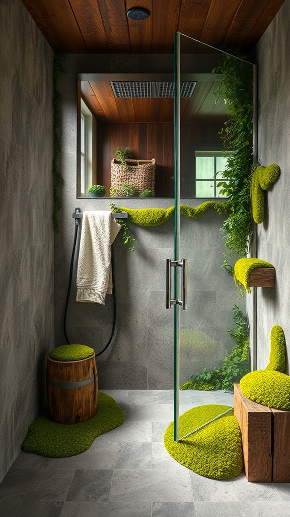 Rustic walk-in shower with moss and greenery decor