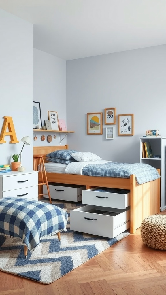 A modern teen boy bedroom featuring a bed with storage drawers, an ottoman, and stylish decor.