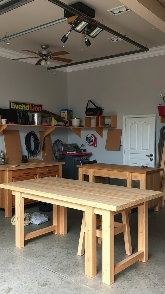 A well-organized garage workshop with wooden tables and storage shelves.