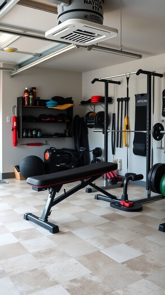 A garage gym featuring a multi-use workout bench alongside various fitness equipment.