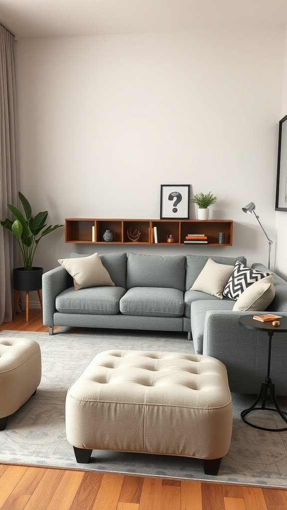 A cozy living room featuring a gray sectional sofa, cream ottomans, a sleek side table, and open shelving