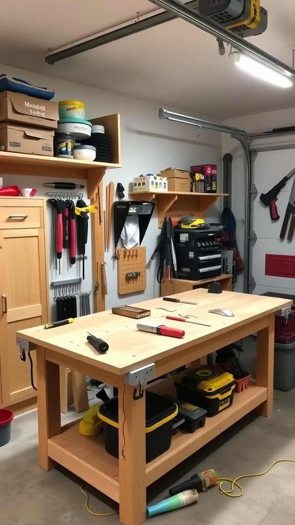 A multipurpose workbench in a garage workshop, featuring tools, storage bins, and a pegboard for organization.