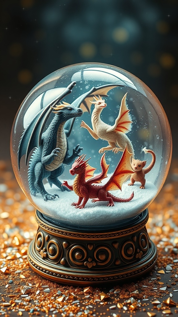 A snow globe featuring colorful dragons and a kitten surrounded by glittery snow.