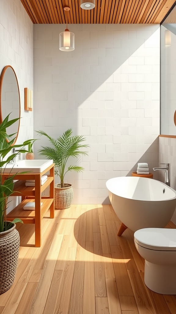 A modern bathroom featuring natural bamboo flooring, a freestanding tub, and plants.