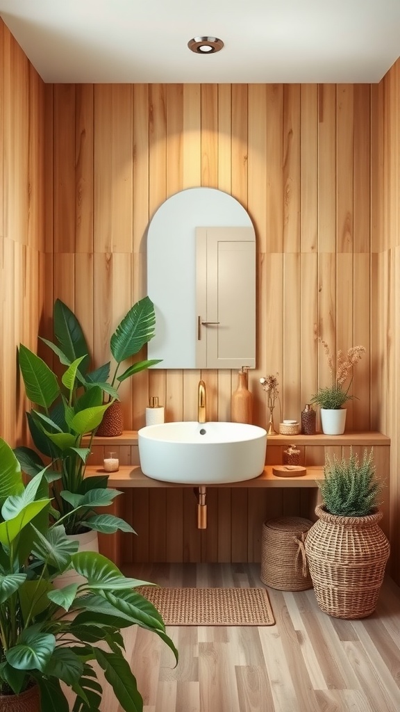 A cozy bathroom with natural bamboo panels, featuring a white sink, plants, and warm wooden elements.