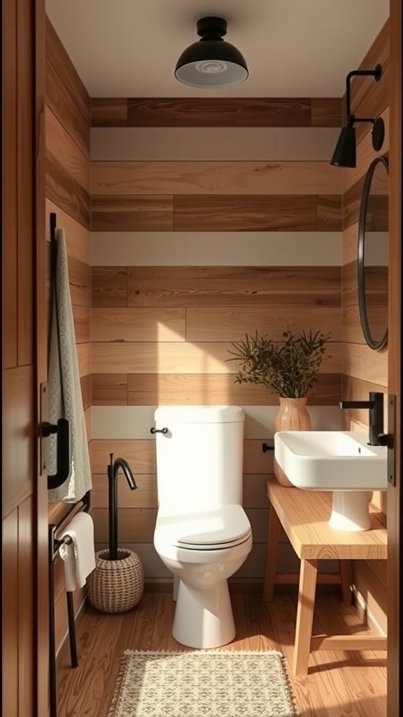 A small bathroom with wooden walls, a white toilet, a modern sink, and decorative plant