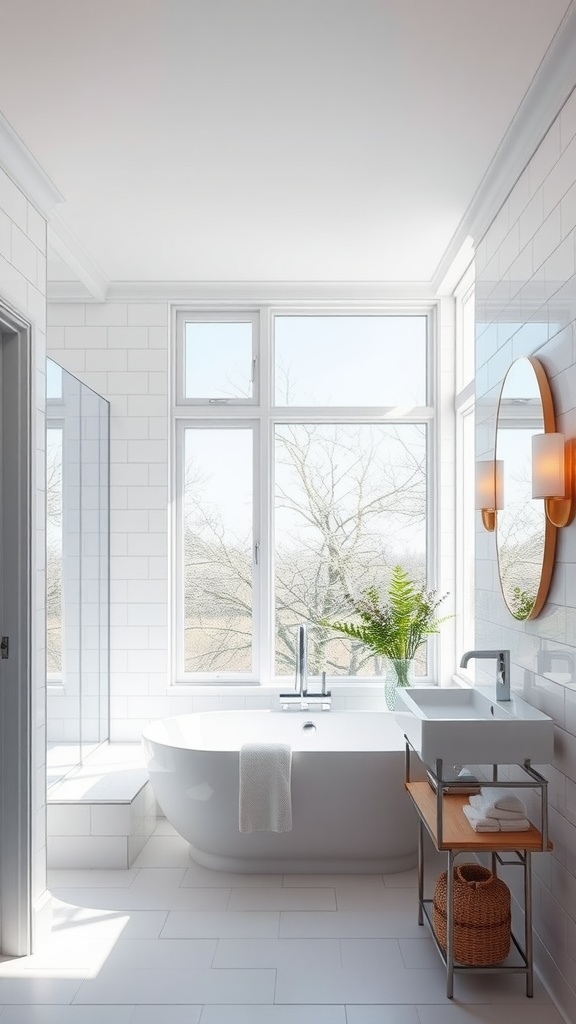 Bright and modern luxury bathroom with large windows, freestanding bathtub, and greenery