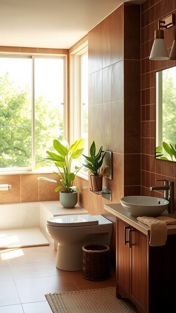 Bright brown bathroom with natural light and plants