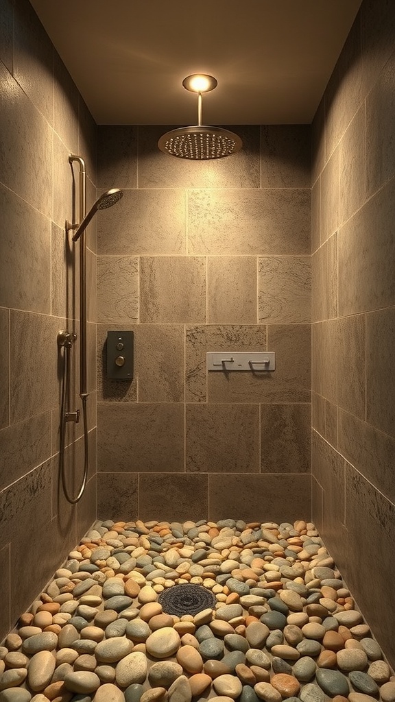 A rustic walk-in shower with natural pebble flooring, featuring sleek wall tiles and a rain shower head.