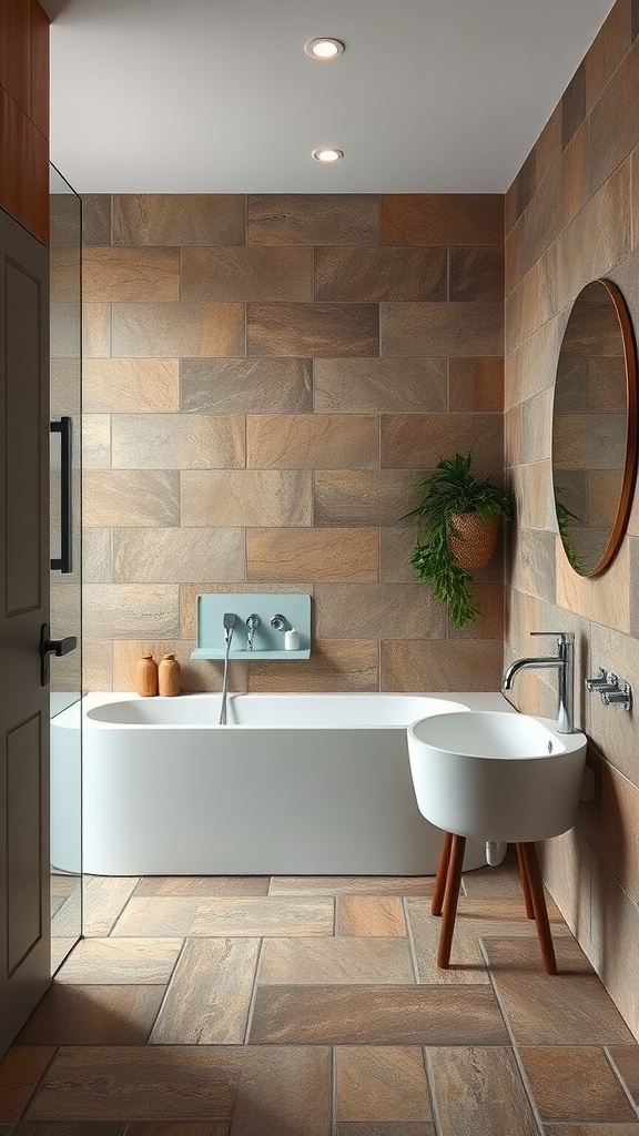 A modern bathroom with natural slate tile flooring, featuring a white bathtub and sink.