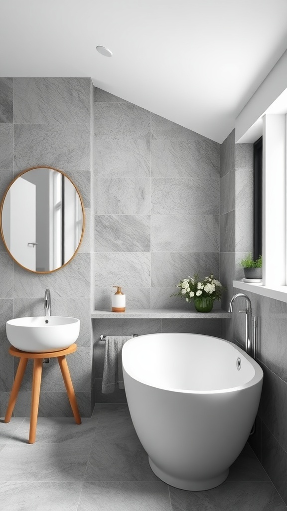 A modern grey and white bathroom with natural stone walls, featuring a round mirror, a white basin on wooden legs, a spacious bathtub, and plants for decoration.