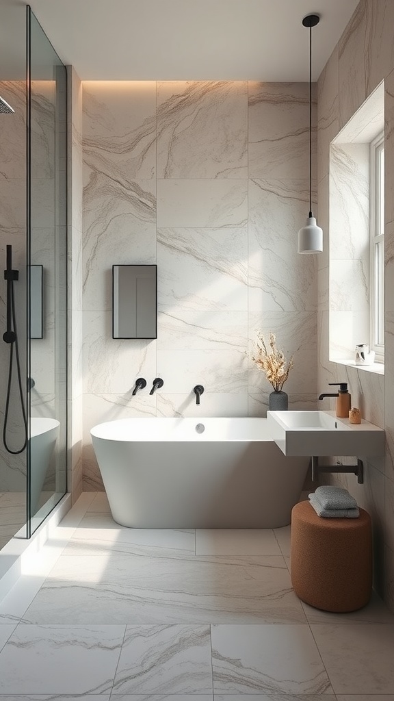 Modern farmhouse bathroom with natural stone accents, featuring a freestanding bathtub and stylish fixtures.