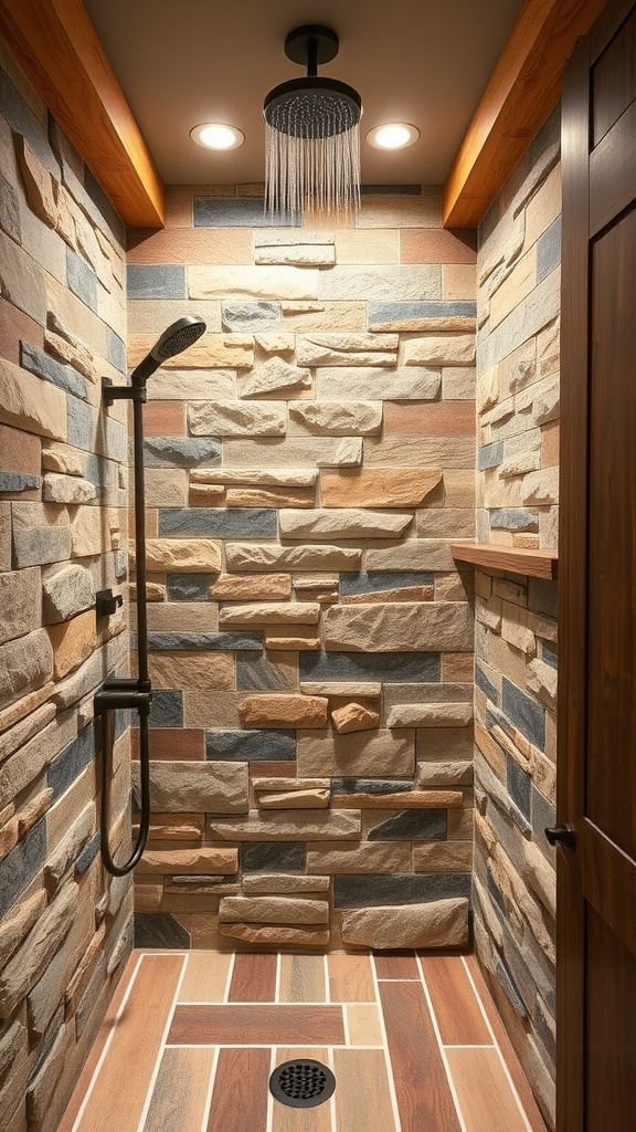 Rustic walk-in shower featuring natural stone walls and wooden accents