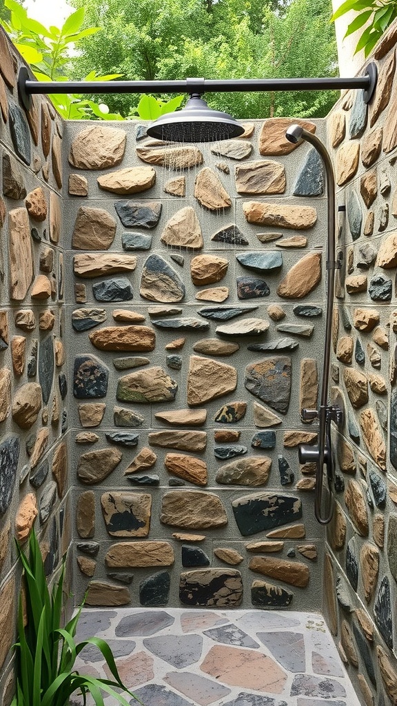 Rustic walk-in shower with natural stone walls and overhead shower