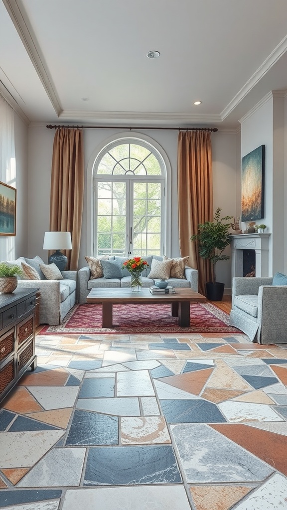 A living room with natural stone flooring featuring a variety of earthy tones, a cozy seating area, and large windows allowing natural light.