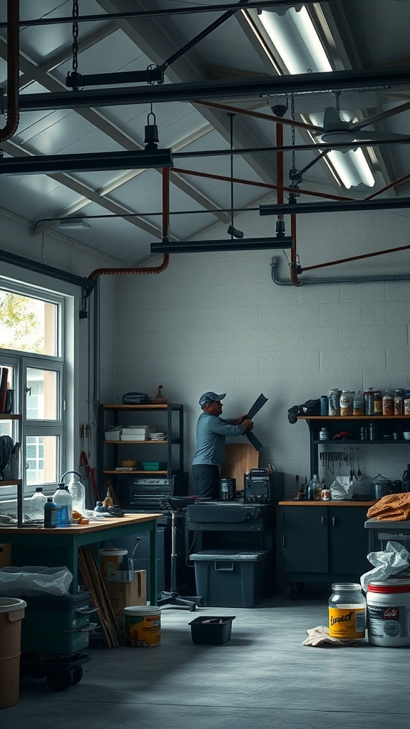 A spacious garage workshop with tools, shelves, and good lighting, emphasizing natural ventilation.