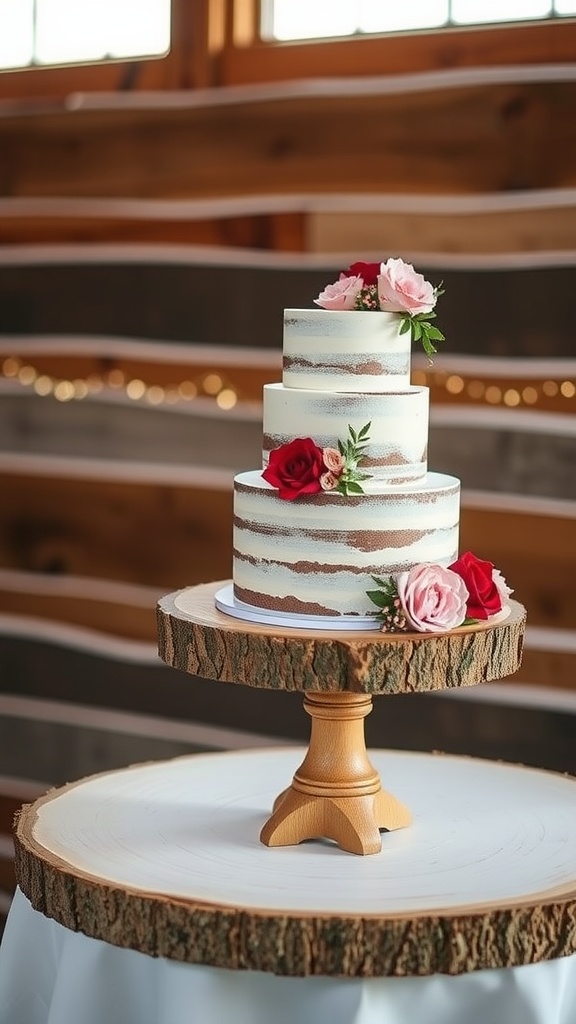 A three-tiered cake on a natural wood cake stand, decorated with roses and greenery, in a rustic wedding setting.