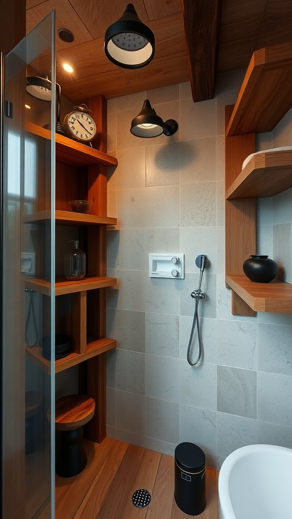 A walk-in shower featuring natural wood shelving, modern fixtures, and a warm, rustic design.