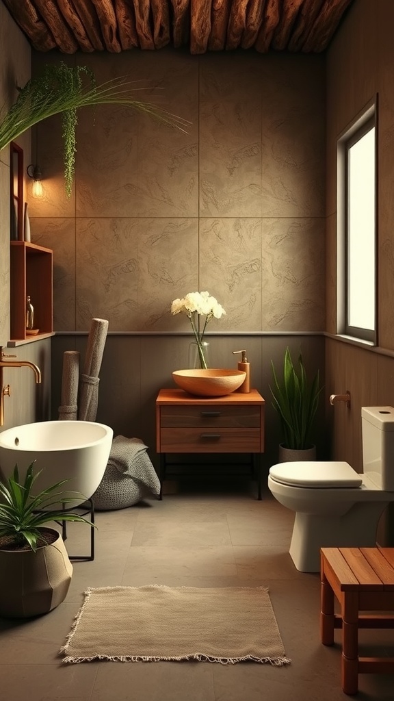 A cozy bathroom featuring a wooden ceiling, earthy tiles, a freestanding tub, wooden vanity, and plants for a nature-inspired decor.