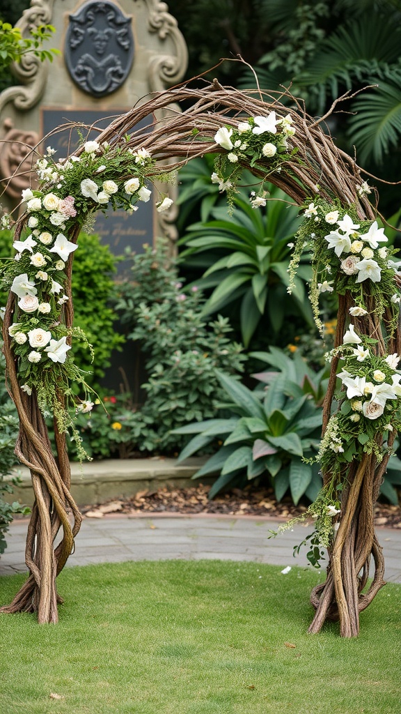 A natural ceremony arch made of intertwined vines adorned with white flowers and greenery, set amidst lush plants.