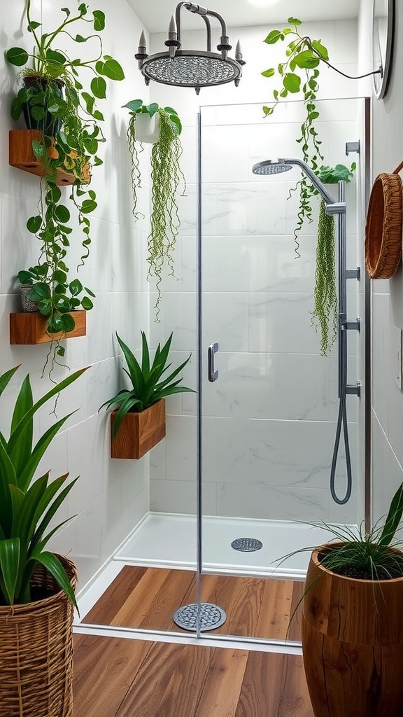 A rustic walk-in shower with plants, wooden accents, and a modern shower head.