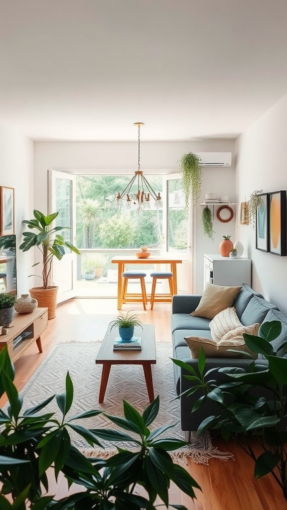 A cozy living room with large windows, plants, and natural light.