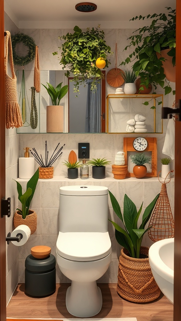 A modern farmhouse bathroom featuring plants, natural decor, and earthy tones.