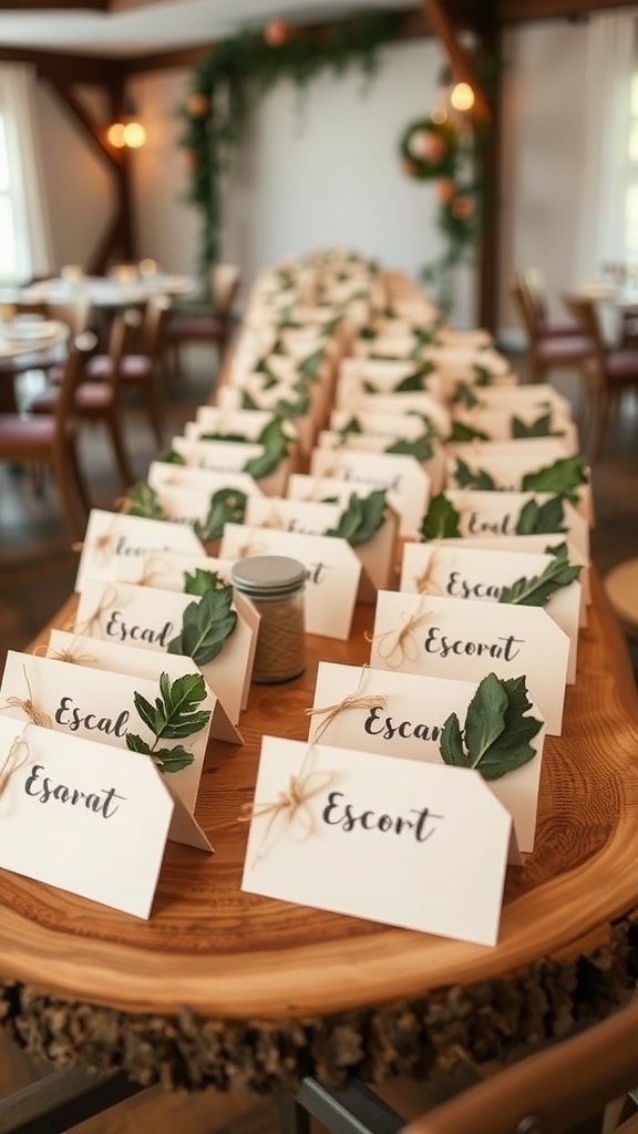 Nature-inspired escort cards on a rustic wooden table