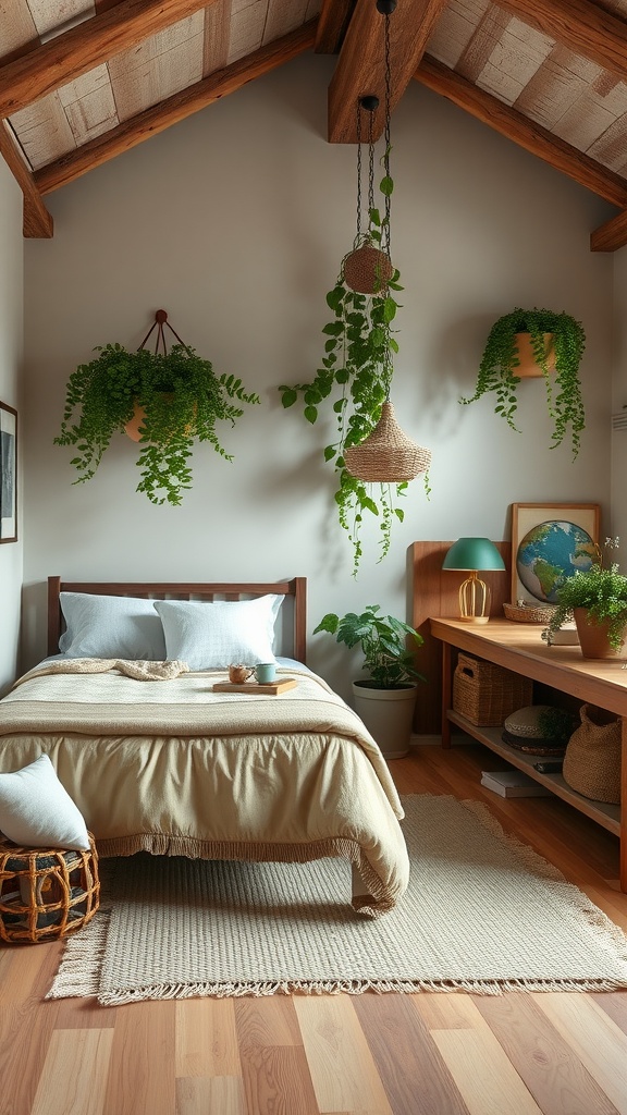 A cozy bedroom with natural elements, featuring hanging plants, a wooden bed, and warm tones.