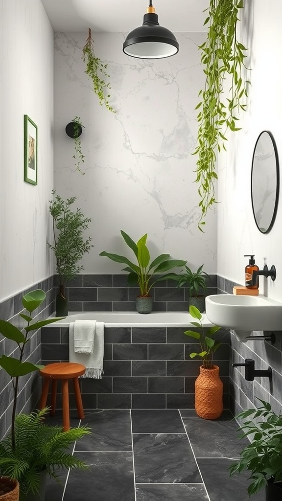 A cozy bathroom with dark slate tiles and various green plants, featuring a pendant light and a modern sink.