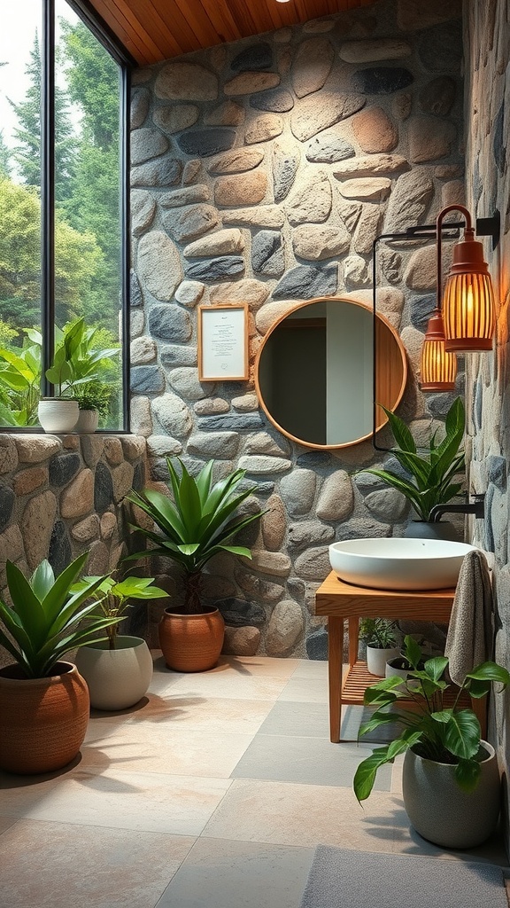 A bathroom with a stone wall, wooden ceiling, round mirror, and potted plants