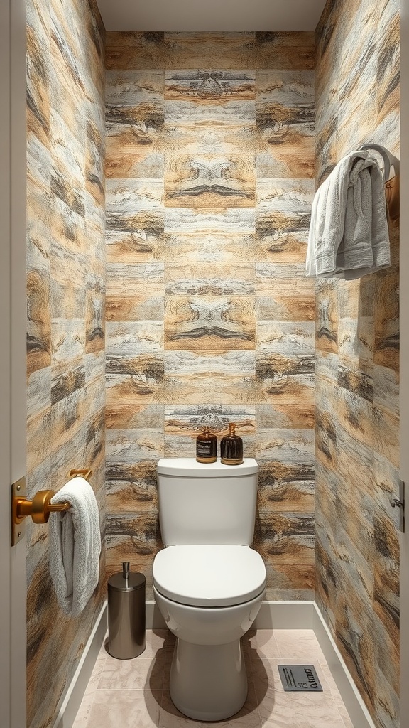 Small bathroom featuring nature-inspired textured wallpaper that resembles wood and stone.