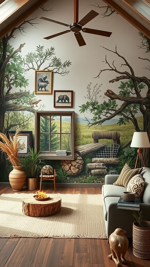 A living room featuring a nature-inspired wall mural with trees and animals, complemented by cozy furniture.