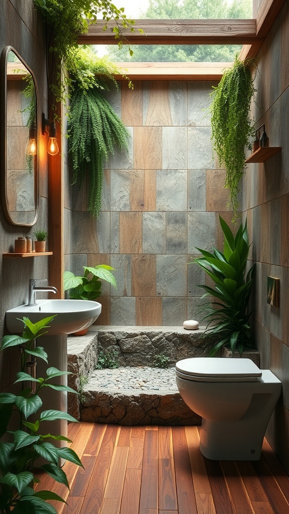 A nature-inspired bathroom featuring stone walls, wooden flooring, plants, and natural lighting.